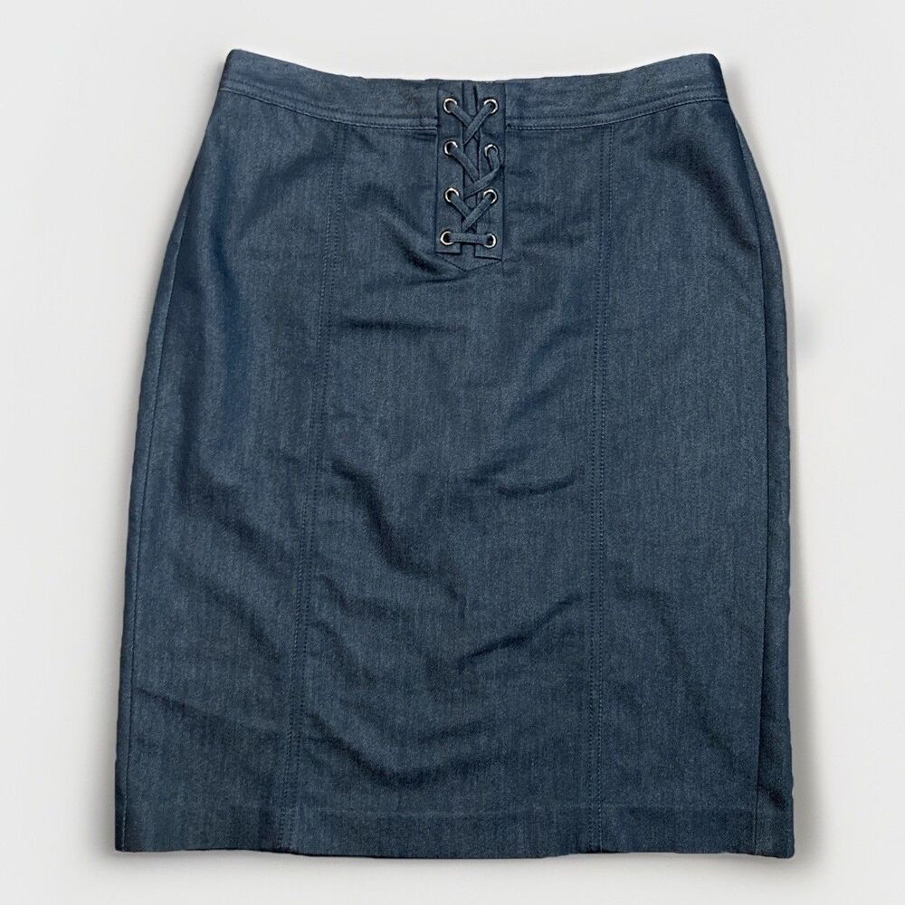 NWOT Talbots Womens Mid Skirt Lace-Up Blue Denim Front Zip Back Close Sz 4